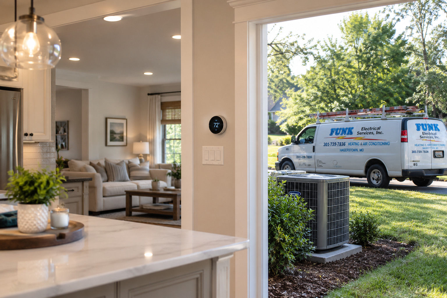 Funk Electrical van parked outside a home with a new air conditioning unit installed in the yard