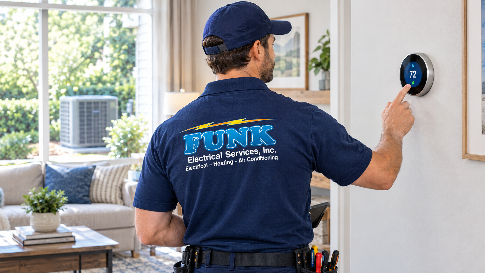 Funk Electrical technician setting a smart thermostat in a comfortable living room
